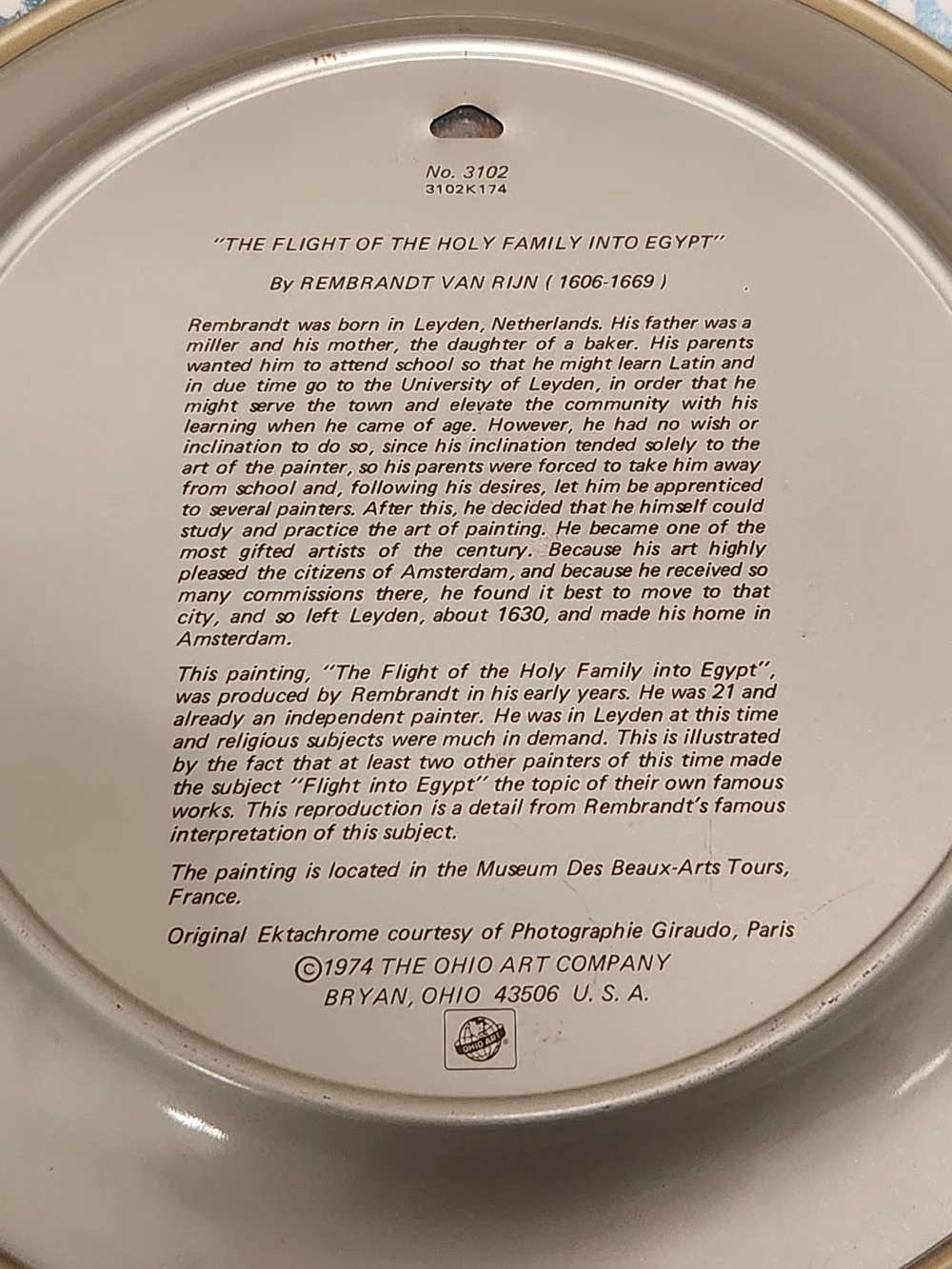 Vtg 1974 The Flight of the Holy Family By Rembrandt Van Rijn 10” Tin Ohio Art